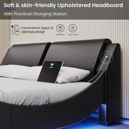 Modern King Size LED Bed Frame with USB Charging Ports, Low Profile Platform Bed with RGB Lights and Wood Slats Support, Black