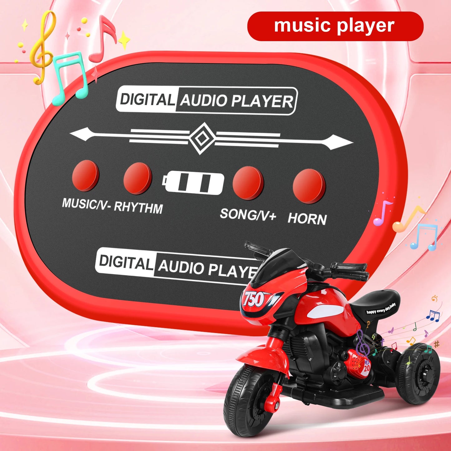 Kids Electric Tricycle Front Headlight Kids Motorcycle Ride-on Car Toy 3-Wheel Battery Powered Motorbike for Kids 1-6 Years Old