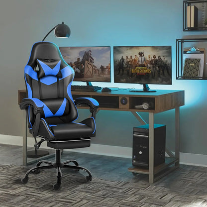 Racing Style Gaming Chair | Black & Blue Dual-Tone, Ergonomic Lumbar Support & Retractable Footrest | 360° Swivel, Full Recline,