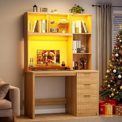 LED Study Desk with Hutch, Drawers, Outlet & Charging Station for Home Office, Bedroom or Small Space (Black)