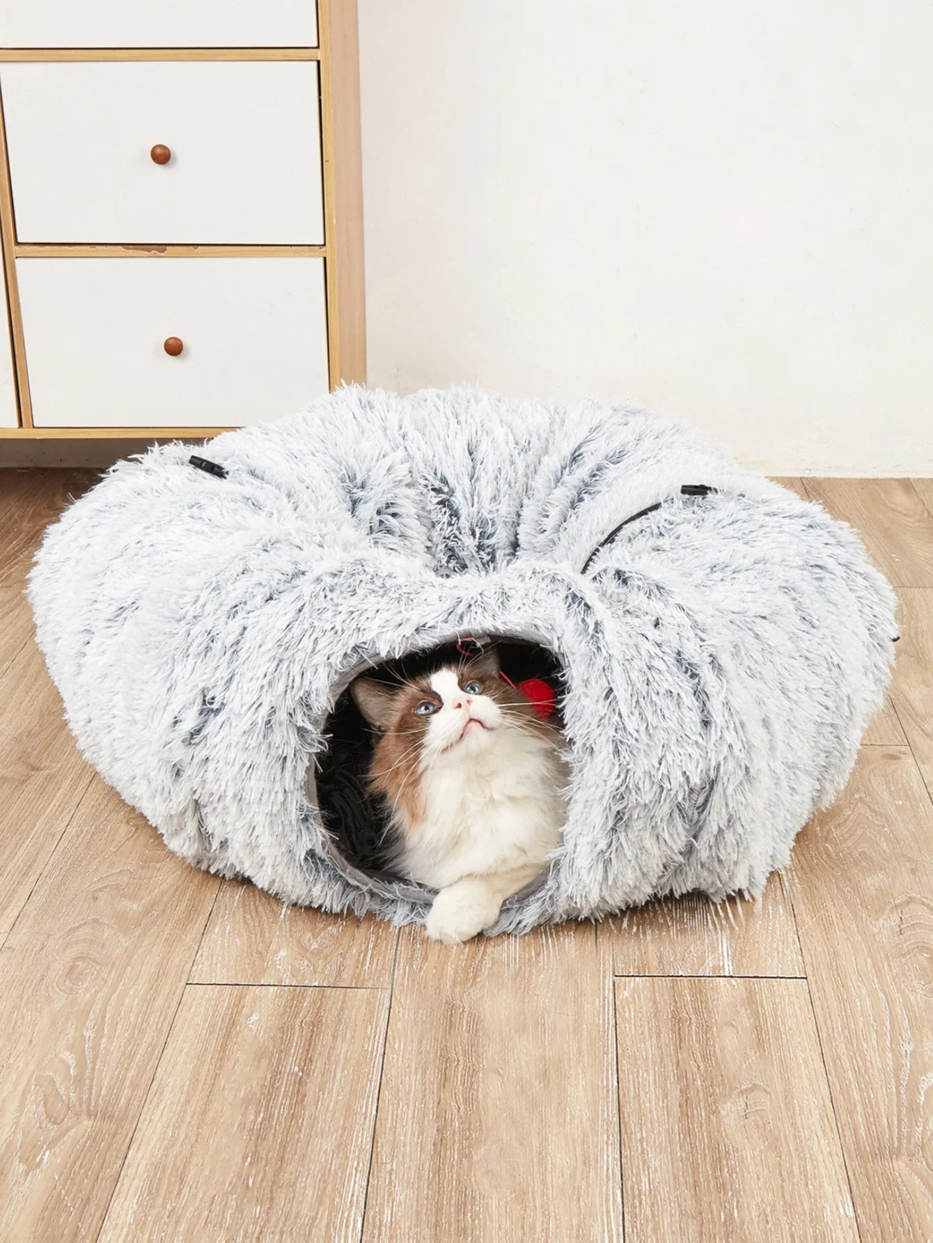 Plush Cat Bed with Tunnel for Indoor Cats, Multifunctional Cat Tunnel Bed with Peephole, Fluffy Donut Cat Bed with Tunnel