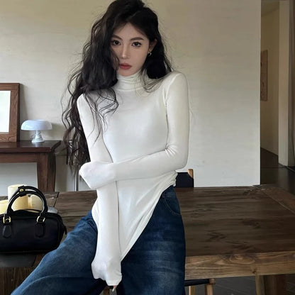 Winter Women Classic Basic Turtleneck Tops Lady Comfortable Thermal Long Sleeve Clothes Female Retro Versatile Elastic Pullover