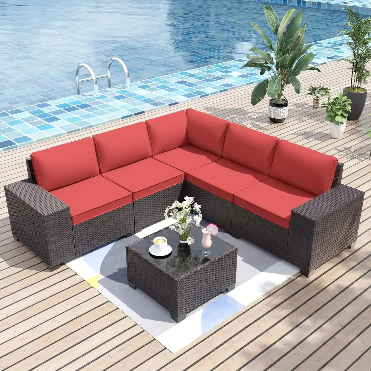 Patio Furniture Sets 6 Pieces Patio Sectional Outdoor Furniture Patio Sofa Chairs Set All Weather PE Rattan Wicker Couch Conver