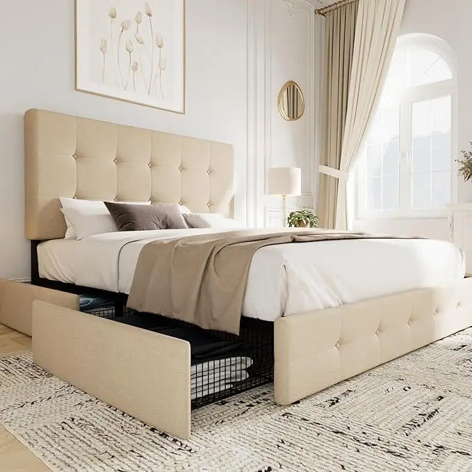 Upholstered Queen Size Platform Bed Frame with 4 Storage Drawers and Headboard, Square Stitched Button Tufted