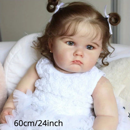 1PC lifelike 24-inch realistic reborn doll with 3D painted skin and soft vinyl limbs - a white dress for a child girl