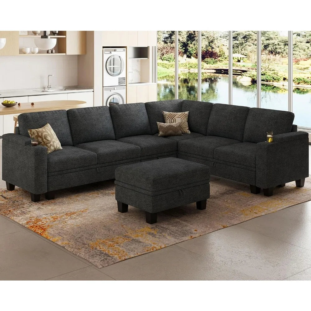 Chenille Modular Sectional Sofa Convertible L Shaped Corner Couches for Living Room with Storage Armrest with Cup Holder Dark G