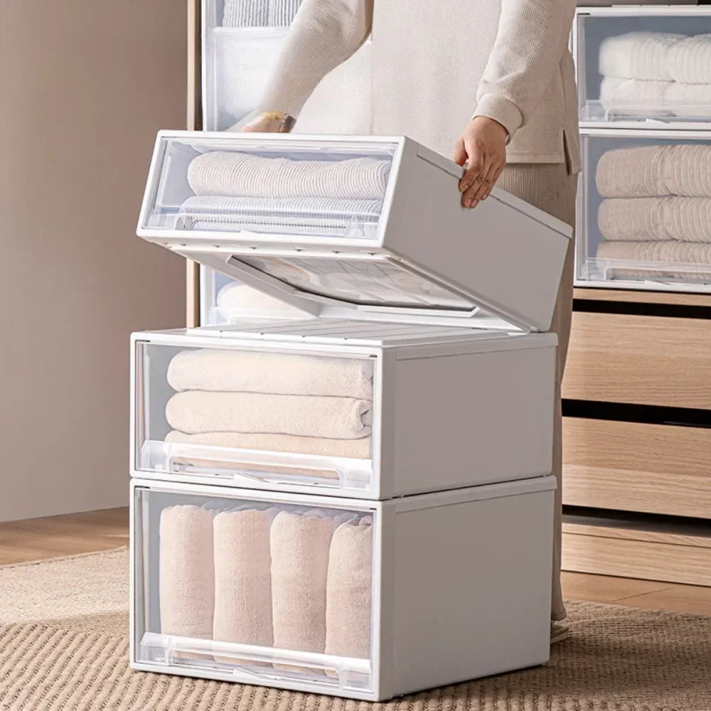 Wardrobe Storage Box High-capacity Drawer Style Stackable Container Transparent Plastic Containers for Household Use Storage