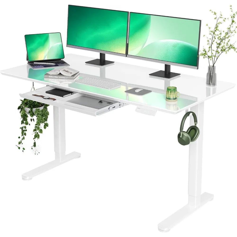 Glass Standing Desk with Drawers, 55×24 Inch Adjustable Stand Up Desk Quick Install Home Office Computer Desk, White