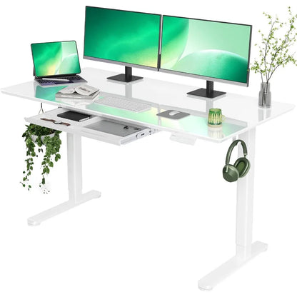 Glass Standing Desk with Drawers, 55×24 Inch Adjustable Stand Up Desk Quick Install Home Office Computer Desk, White
