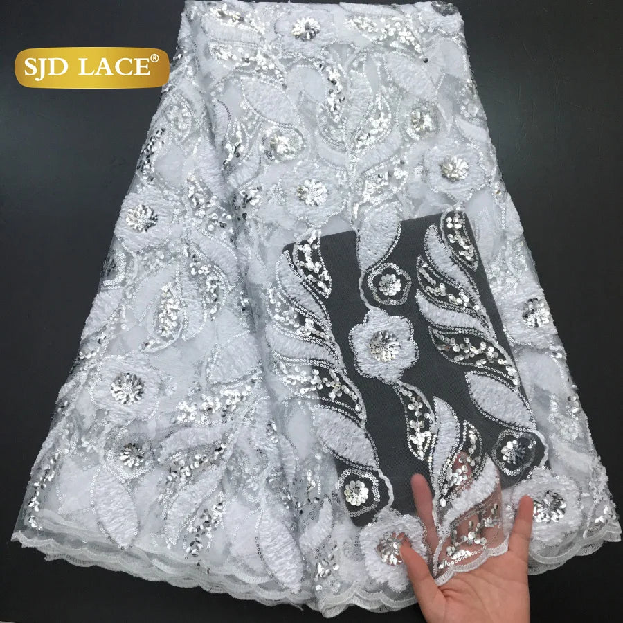 SJD LACE French Mesh Lace Fabric with Beads 2025 High Quality Nigerian African Net Tulle Lace for Sewing Women Wedding Dress4319