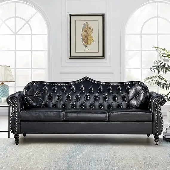 Chesterfield Three Seater Sofa, Mid-Century Modern Faux Leather 3-Seater Upholstered Couch, Tufted Living Room Sofa with 2 Pillo