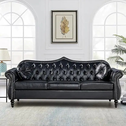 Chesterfield Three Seater Sofa, Mid-Century Modern Faux Leather 3-Seater Upholstered Couch, Tufted Living Room Sofa with 2 Pillo