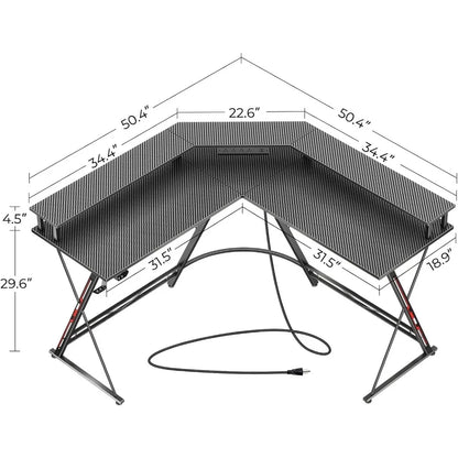 SEVEN WARRIOR L Shaped Gaming Desk with LED Lights & Power Outlets, 50.4” Computer Desk with Monitor Stand, Corner Desk with Car