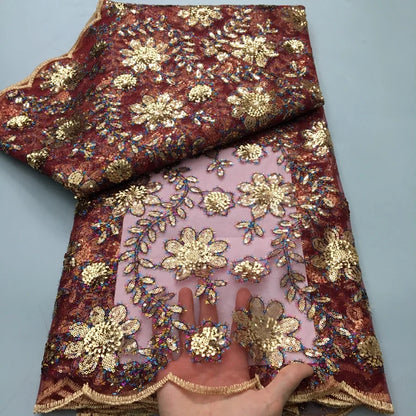 20225 French Flocking Tulle Lace Fabric High Quality 5 Yards Embroidered Sequins African Nigerian Lace Fabric for women Sewing