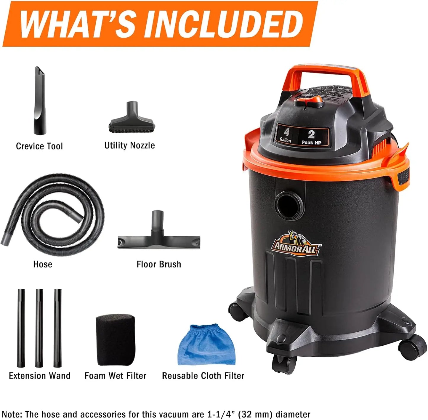 4 Gallon Wet/Dry Vacuum with Powerful Suction, Nozzles & Brush for Home and Workshop