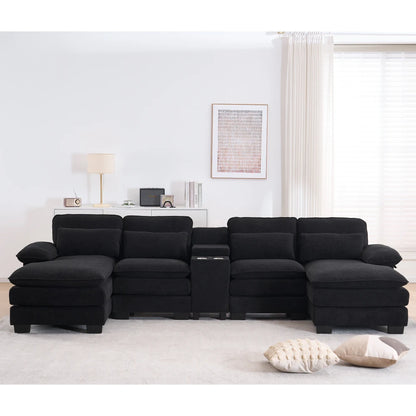 124" Luxury Modern Modular U-Shaped Sectional Sofa, 4-Seater Chenille Cloud Couch w/ Storage Console, Cup Holders & Pillows