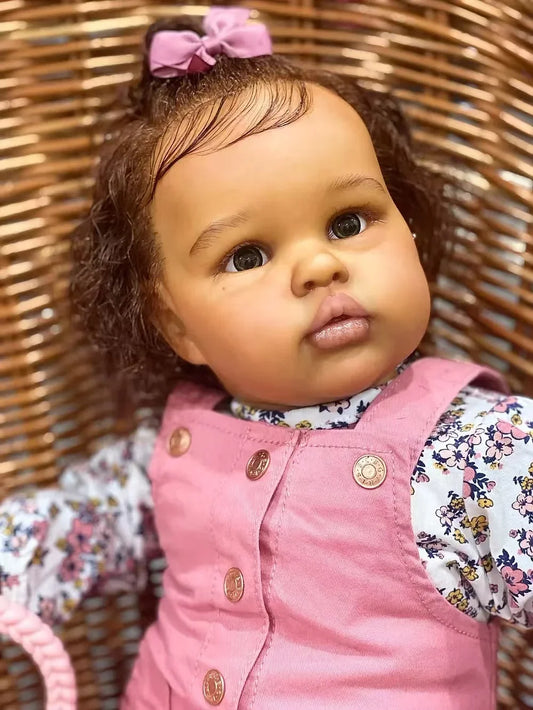 1PC Lifelike Reborn Baby Doll 24Inch Ellie Toddler Newborn Doll Soft Touch Dark Skin Art Doll with Hand Root Hair