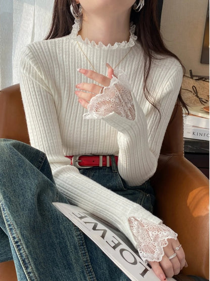 Autumn Winter Turtleneck Skinny Elastic Knitted Pullovers Women Solid Color Tops Female Long Sleeve Knit Patctwork Lace Sweater