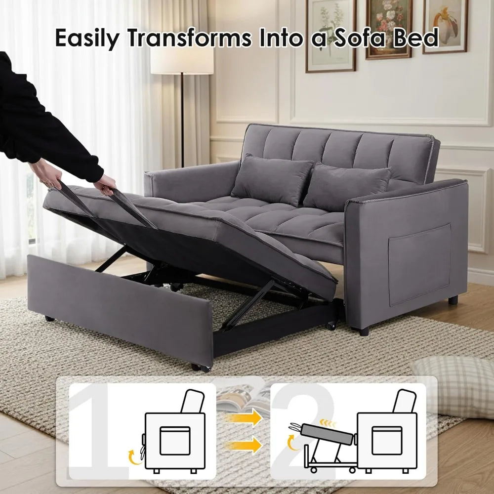 Convertible Sleeper Sofa Bed, 54'' Loveseat with Adjustable Backrest, Velvet Fabric, Pull Out Couch for Living Room