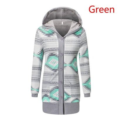 Women Cardigan Striped Print Long Sleeve Sweater Coat Buttons Closure Hooded Plush Lining Sweater Outerwear For Autumn Winter