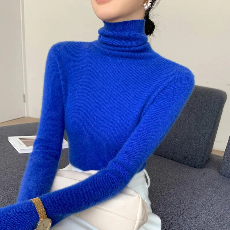 Women Long Sleeve Knitted Pullover Solid Casual Slim Sweater 2025 Autumn Winter Turtleneck Warm Jumper Simple Base Layer Top
