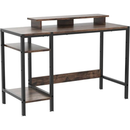 Gaming/Computer Desk - 47” Home Office Small Desk with Monitor Stand, Rustic Writing Desk for 2 Monitors, Adjustable Storage Spa