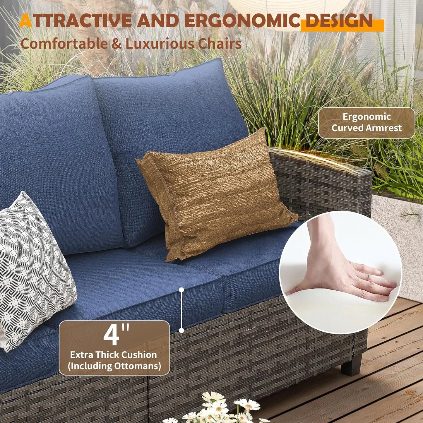6pc Gray PE Rattan Sectional Sofa Set Swivel Chair & Side Table 4" Cushions Patio Garden, Customized