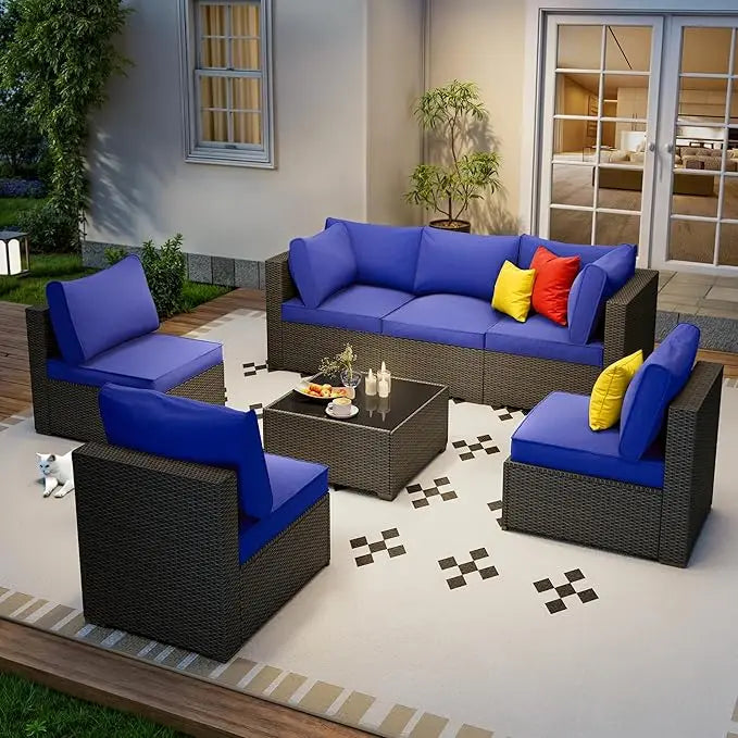 7 piece outdoor patio furniture set, outdoor sectional furniture, rattan & wicker modern modular conversation set sofa couch w/w