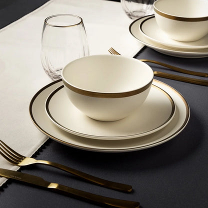 Stylish Stoneware Salad Plate with Gold Rim Round Ceramic Plate Appetizers Desserts Durable Dishwasher Safe Elegant Dining Use