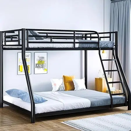 Metal Bunk Bed, Full Size Bed Frame, Twin Over Full Bunk Bed with Safety Guardrail and Ladder, Bunk Beds Twin Over Full Size