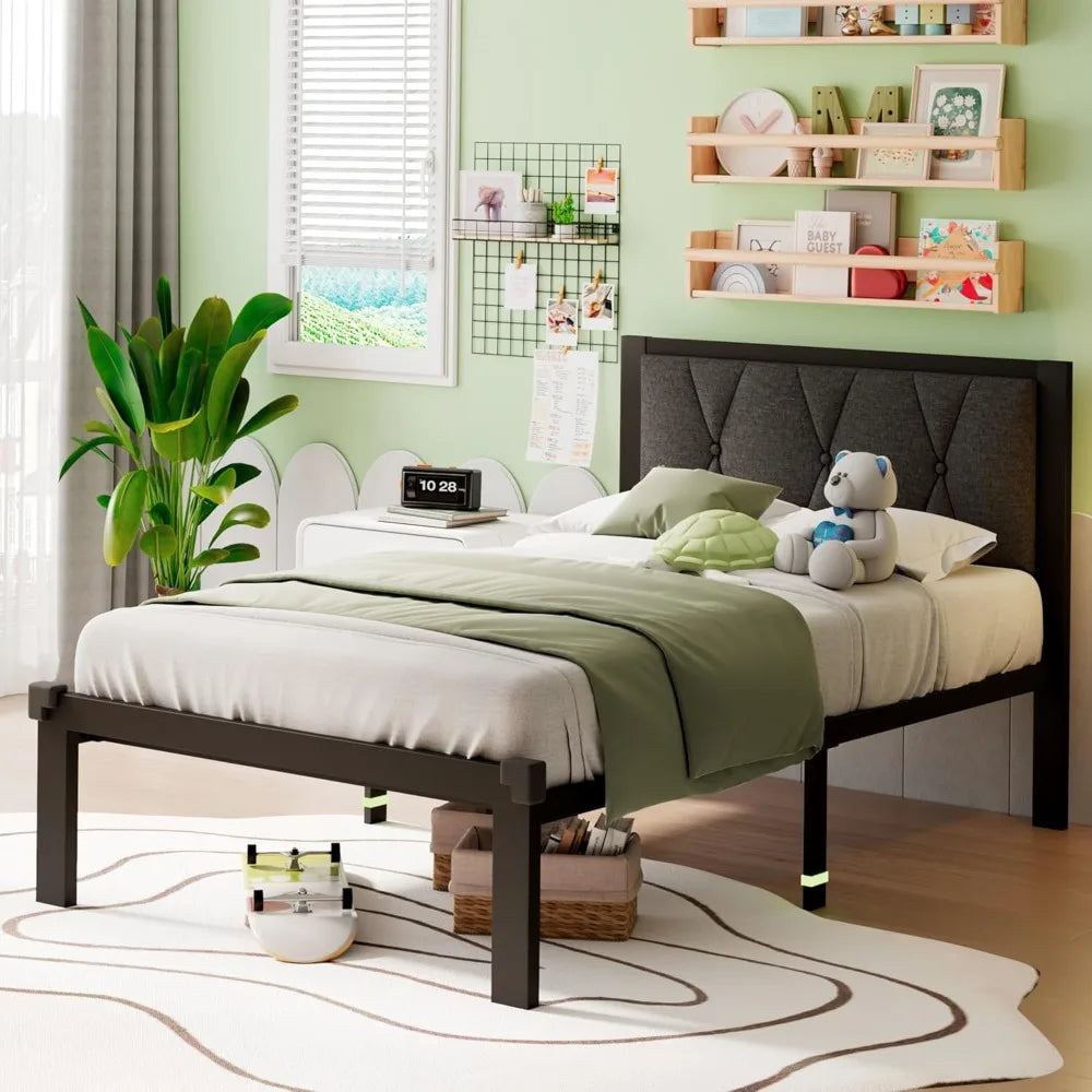 Twin Metal Bed Frame, Linen Platform Bed with Button Tufted Headboard, Heavy Duty Slats Support, 12" Under Bed Storage,