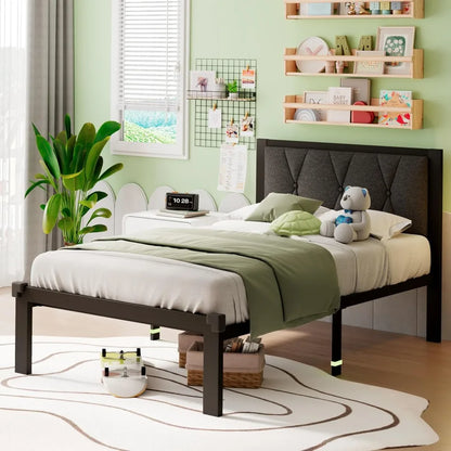 Twin Metal Bed Frame, Linen Platform Bed with Button Tufted Headboard, Heavy Duty Slats Support, 12" Under Bed Storage,