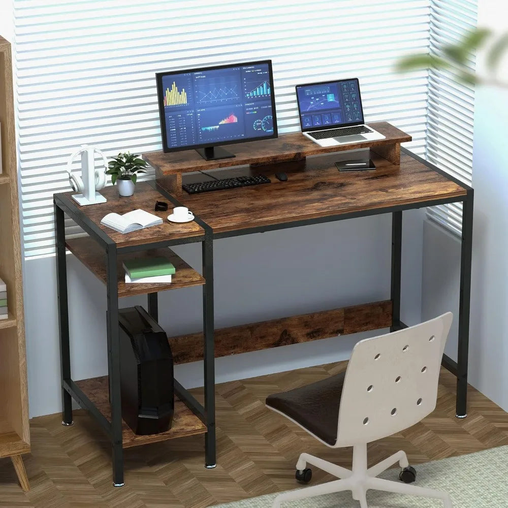 Gaming/Computer Desk - 47” Home Office Small Desk with Monitor Stand, Rustic Writing Desk for 2 Monitors, Adjustable Storage Spa