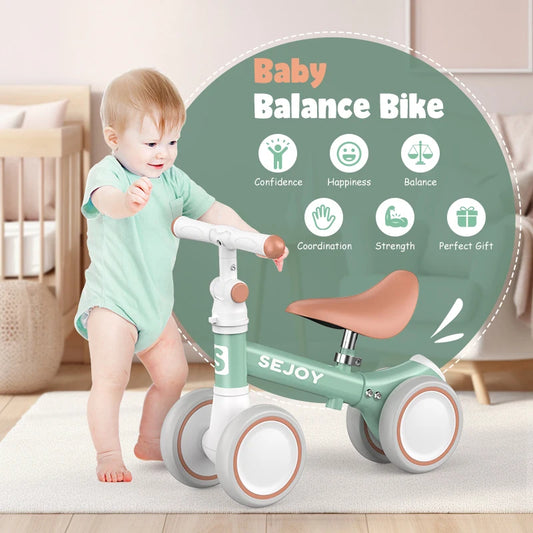 Sejoy Baby Balance Bike, Toddler Baby Bicycle with 4 Wheels for 10-36 Months, Adjustable Handlebar Baby Outdoor Bike Riding Toy