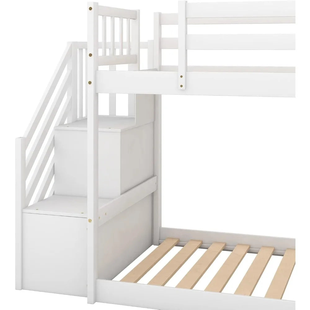 SOFTSEA Twin Over Twin Low Bunk Beds with Slide and Stairs, No Box Spring Needed