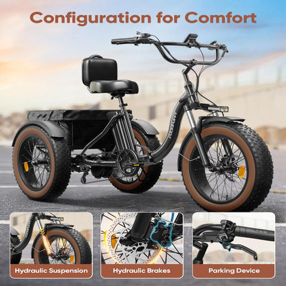 PUCKIPUPPY Electric Tricycle for Adults 20" Fat Tire 3 Wheel Electric Trike with 960W Rear Motor Cargo Tricycle Ebike