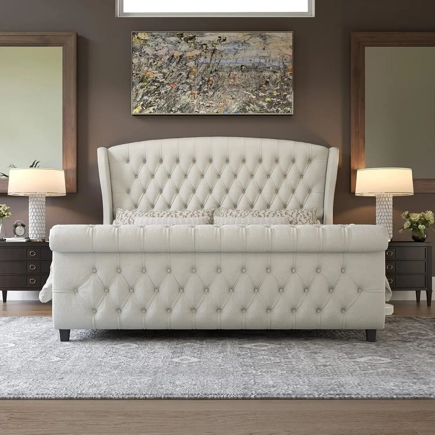 2025NEW Queen Size Platform Bed Frame, Chenille Upholstered Sleigh Bed with Scroll Wingback Headboard & Footboard/Button Tufted