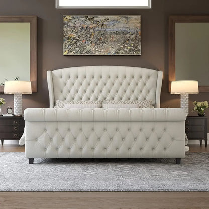 2025NEW Queen Size Platform Bed Frame, Chenille Upholstered Sleigh Bed with Scroll Wingback Headboard & Footboard/Button Tufted