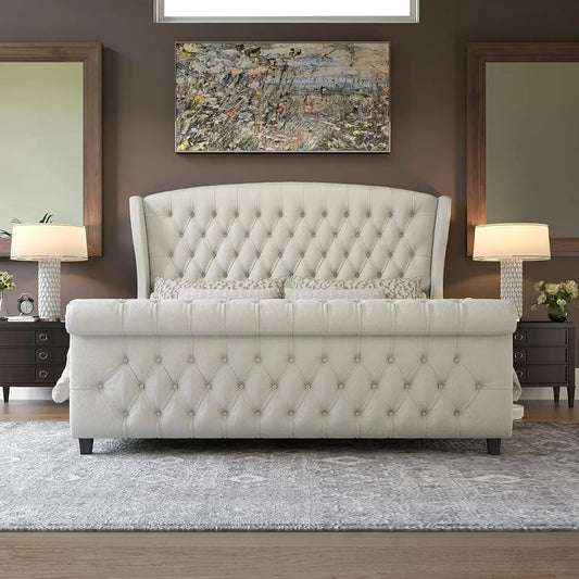 2025NEW Queen Size Platform Bed Frame, Chenille Upholstered Sleigh Bed with Scroll Wingback Headboard & Footboard/Button Tufted
