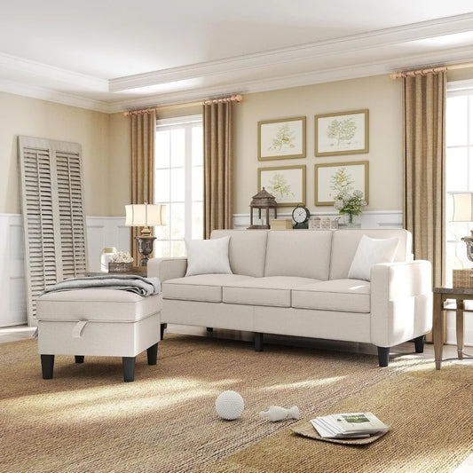 Couch for Living Room-78'' Beige Linen 3 Seat L-Shaped Sectional Sofa Couches with Storage Ottoman-Modern Small Space.Customized