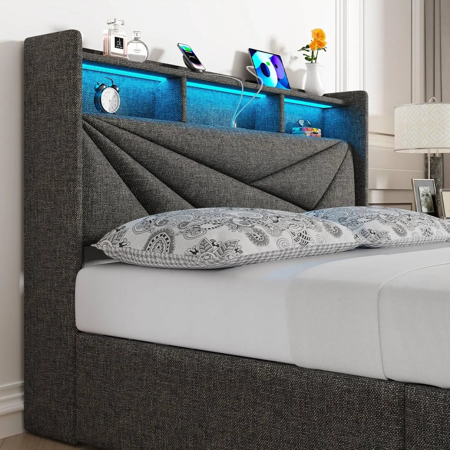LED Queen Bed Frame with 4 Storage Drawers, Upholstered Bed Frame Queen Size with 2-Tier Headboard and Charging, Customized
