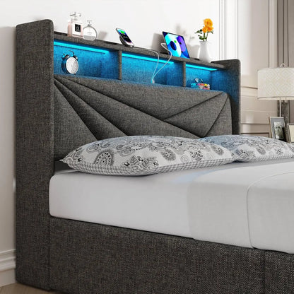 LED Queen Bed Frame with 4 Storage Drawers, Upholstered Bed Frame Queen Size with 2-Tier Headboard and Charging, Customized