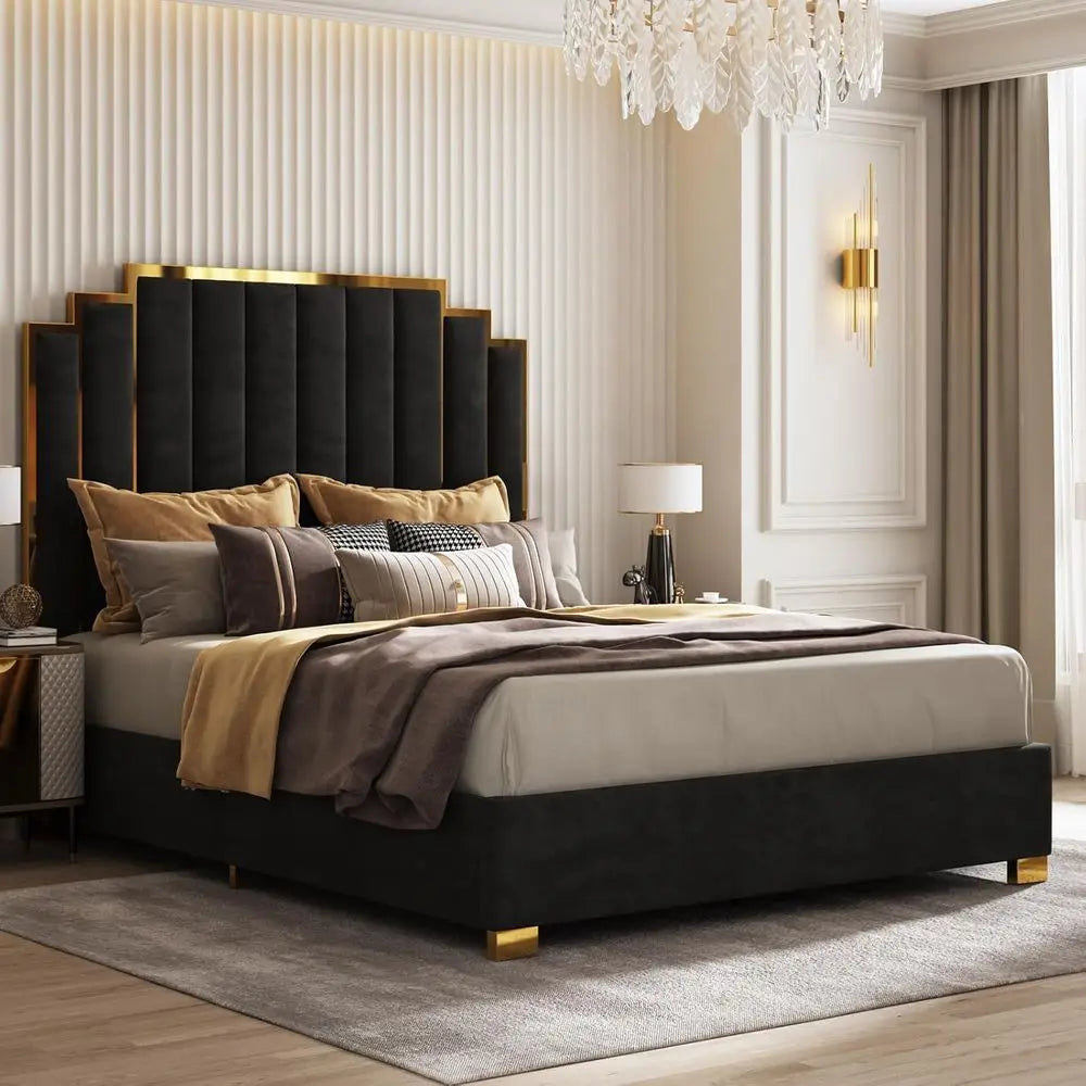 Modern Velvet King Bed Frame with 65.4 High Gold Trim Headboard, No Box Spring RequiredCustomized