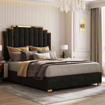 Modern Velvet King Bed Frame with 65.4 High Gold Trim Headboard, No Box Spring RequiredCustomized