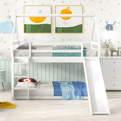 House Bunk Bed with Convertible Slide and Ladder, Floor Bunk Bed Twin Over Twin Bunk Bed with Roof and Security Guardrails