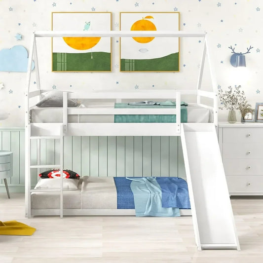 House Bunk Bed with Convertible Slide and Ladder, Floor Bunk Bed Twin Over Twin Bunk Bed with Roof and Security Guardrails