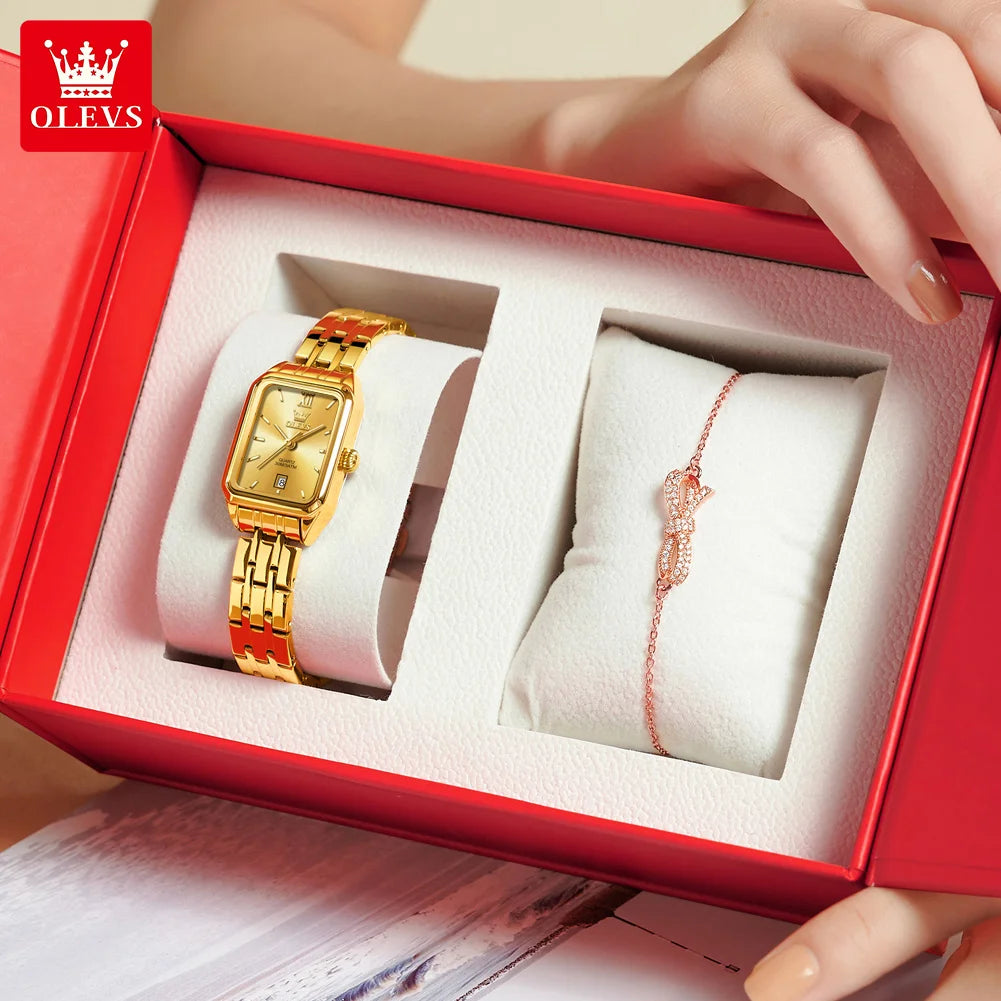 OLEVS Original Women's Wacthes Waterproof Stainless steel Calendar New Ladies Watches High Quality Square Dial Wristwatch Set