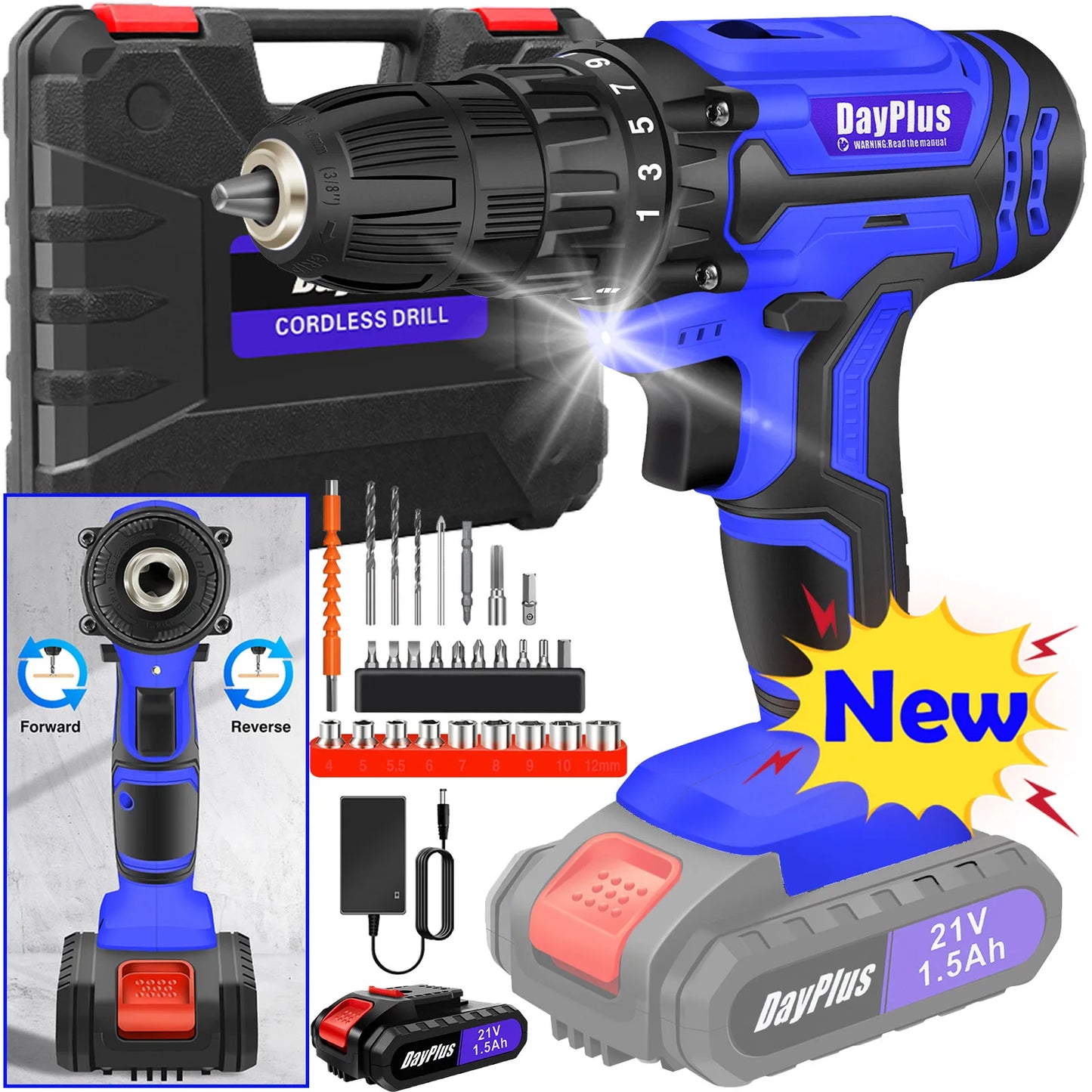 1400RPM 21V Cordless Drill Driver 45Nm 2 Speeds Electric Cordless Screwdriver 25+1 Torque with 1/2 1500mAh Battery & Accessories