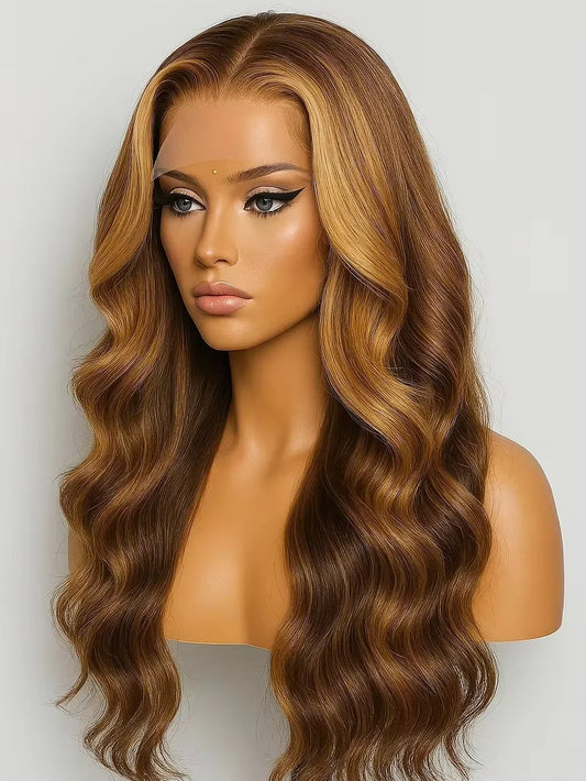 30 Inch Honey Blonde Ombre 13X4 HD Lace Front Wig Human Hair Highlight Body Wave Lace Frontal Wigs Pre Plucked 4/27 Colored