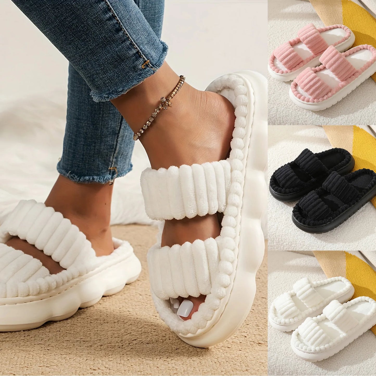 Autumn Winter New Women Home Slippers Open-Toe Cross Band Linen Soled Indoor Slides Linen Soled Non-Slip Bathroom Slippers